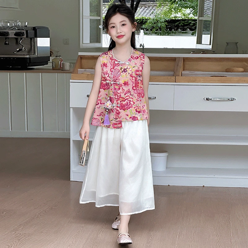 女童汉服套装夏季2025新款儿童国风夏装女孩盘扣背心阔腿裤两件套