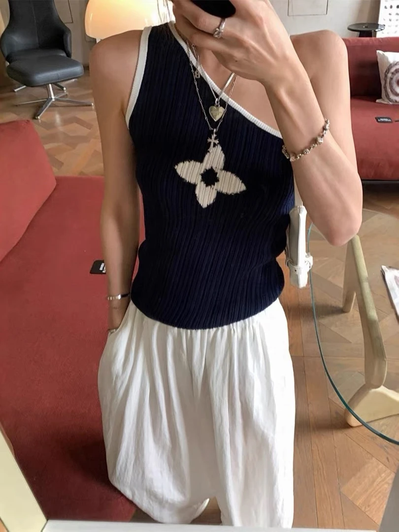 （浠儿家）藏蓝色斜肩吊带背心女夏季外穿纯欲风小众设计感上衣