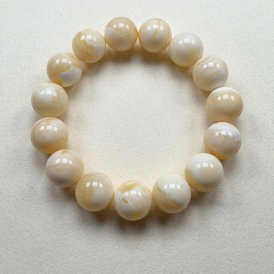 手链琥珀未镶嵌14+俄料瓷白浓蜡精工圆珠手串