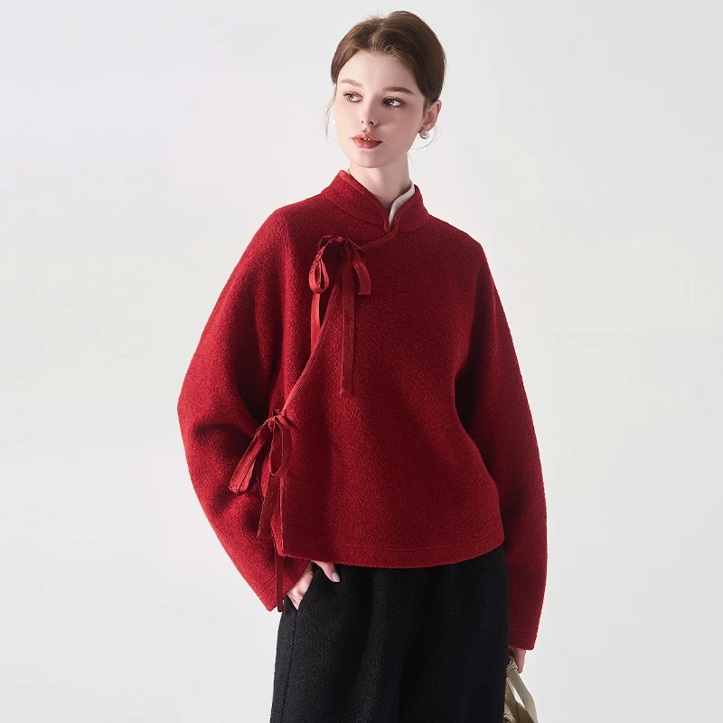 「浮云堂.风」霜华.新中式针织羊毛红色外套女2025秋轻奢毛呢大衣