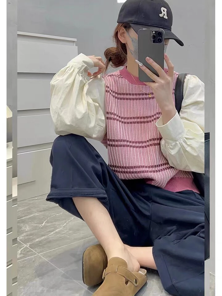 假两件长袖拼接撞色条纹圆领T恤衬衫女秋季新款显瘦百搭休闲上衣