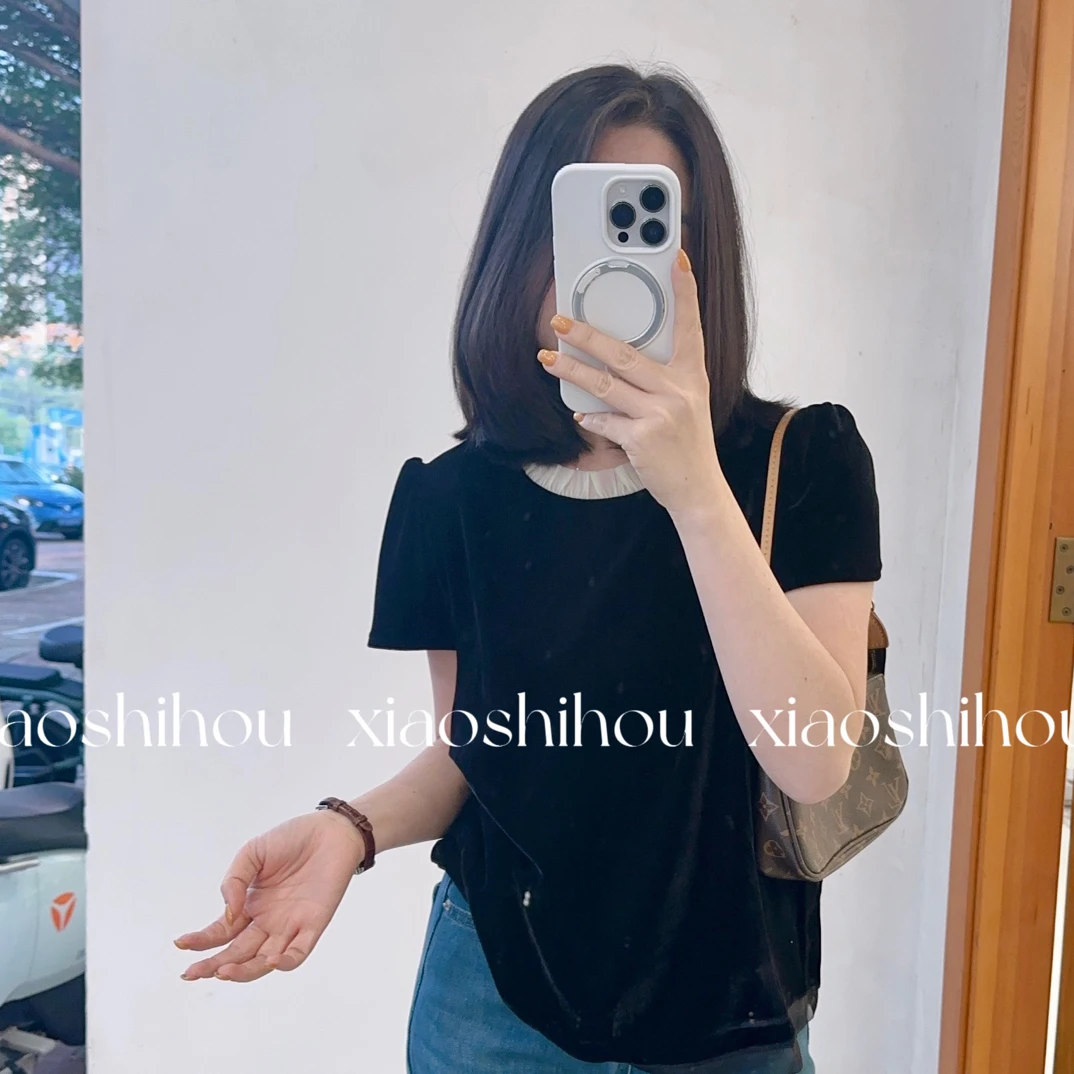 小时候女装店花边领丝绒短袖2198