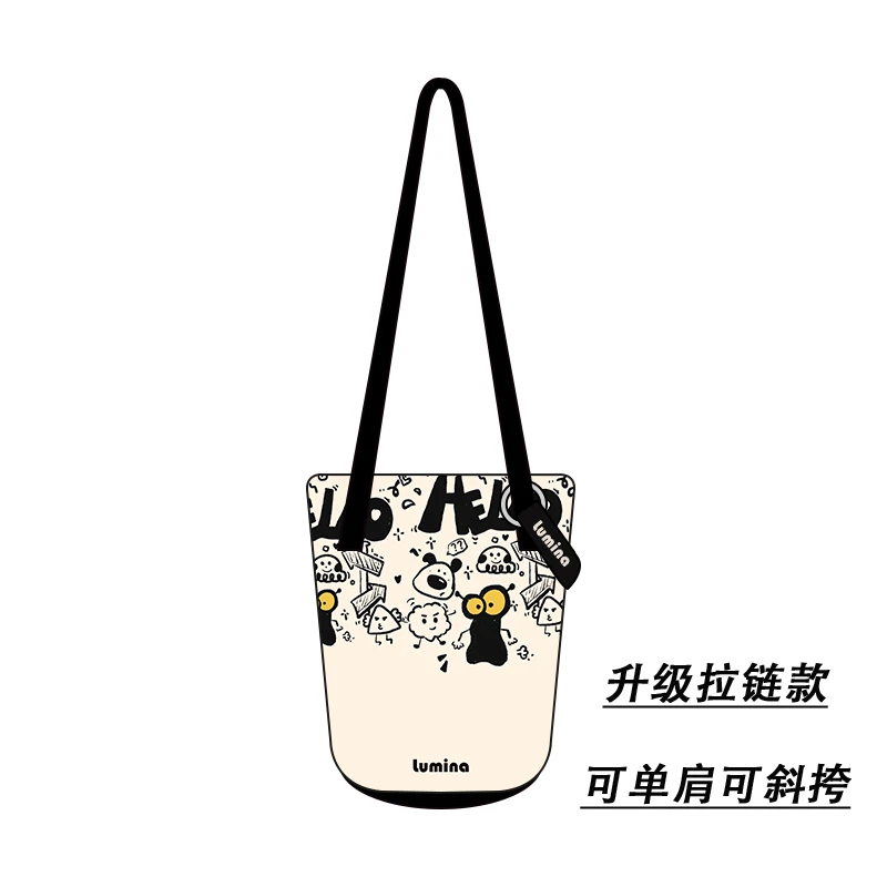 尼睿黑白搞怪涂鸦细肩带水桶包拉链斜挎组合小众设计感品质单肩包