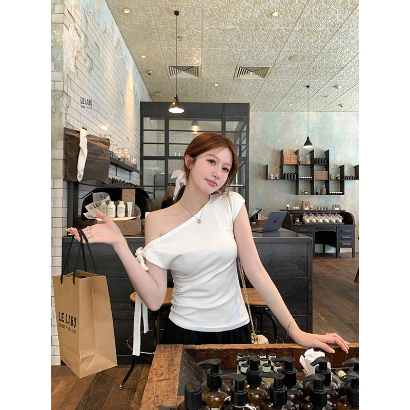 杨杨YANGRUOYU 5/31【微甜百利】斜肩绑带T恤女修身显瘦短袖上衣