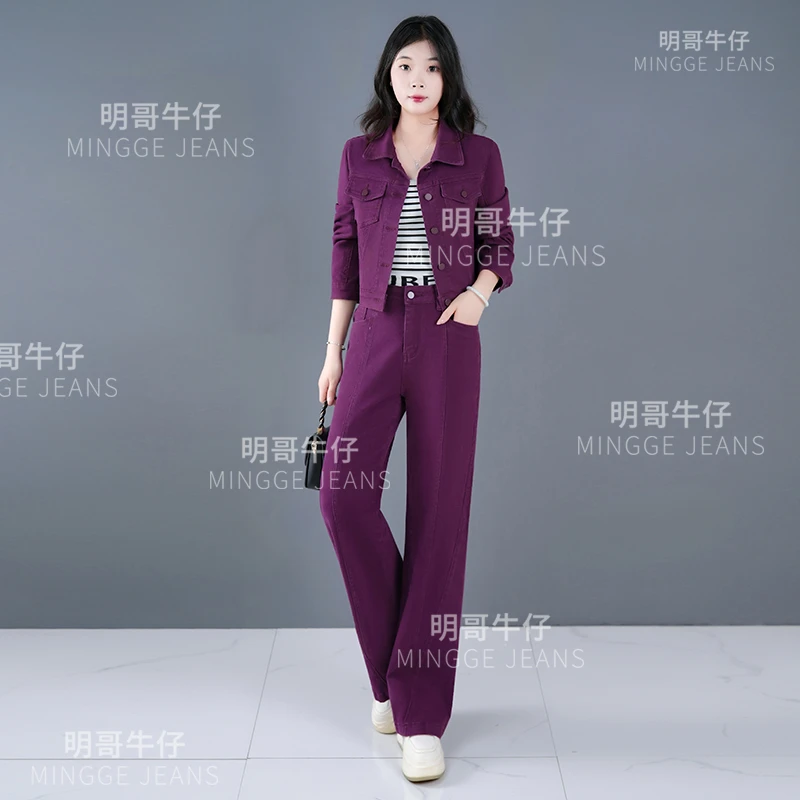 【明哥牛仔】单件！单件！单件！新款时尚紫色牛仔套装显瘦百搭5802