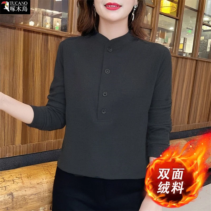 啄木鸟正品长袖修身显瘦百搭新款纽扣拼接T恤秋冬澳绒保暖上衣女