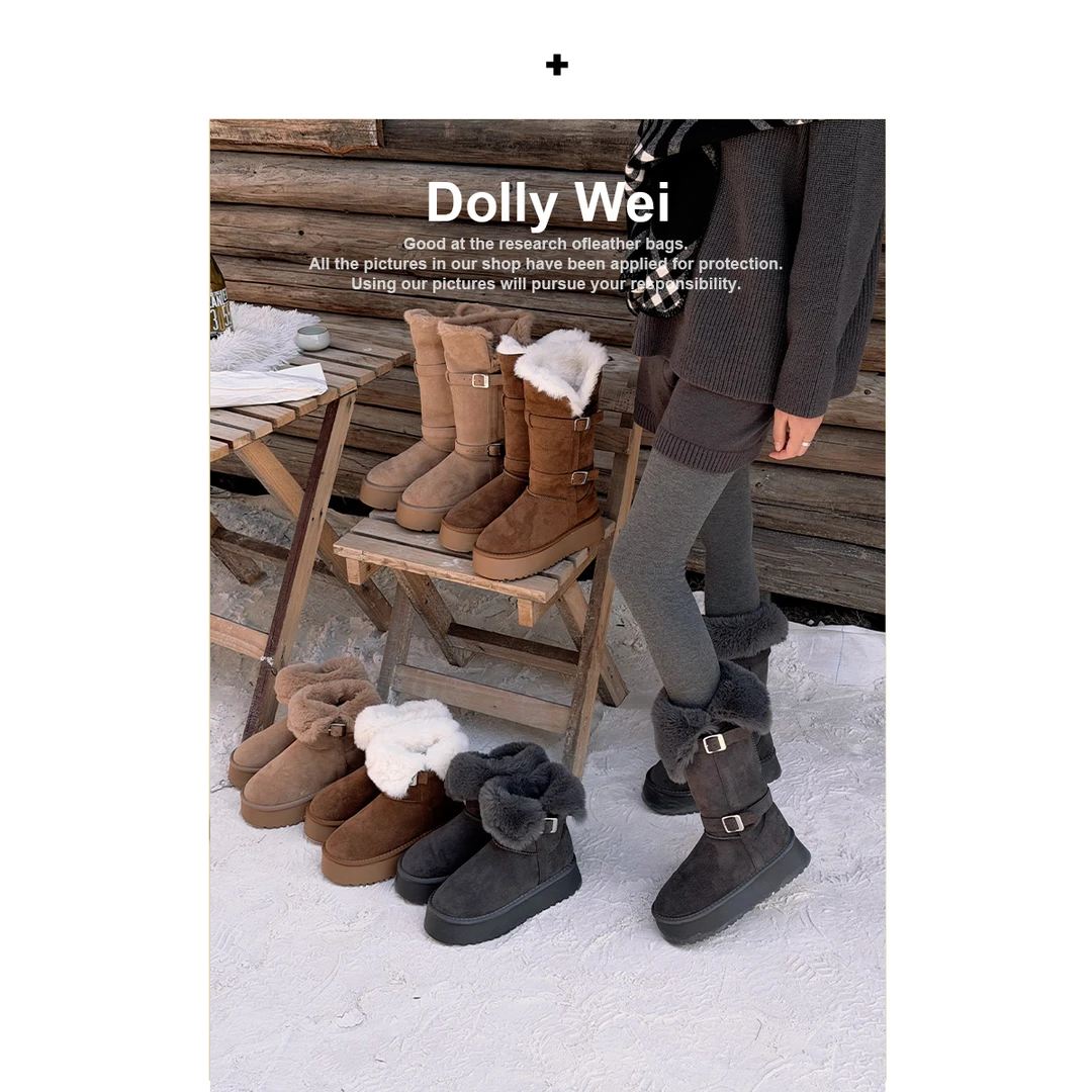 【Dolly Wei】雪地靴厚底毛毛加绒加厚保暖靴中长筒雪地靴女冬季款