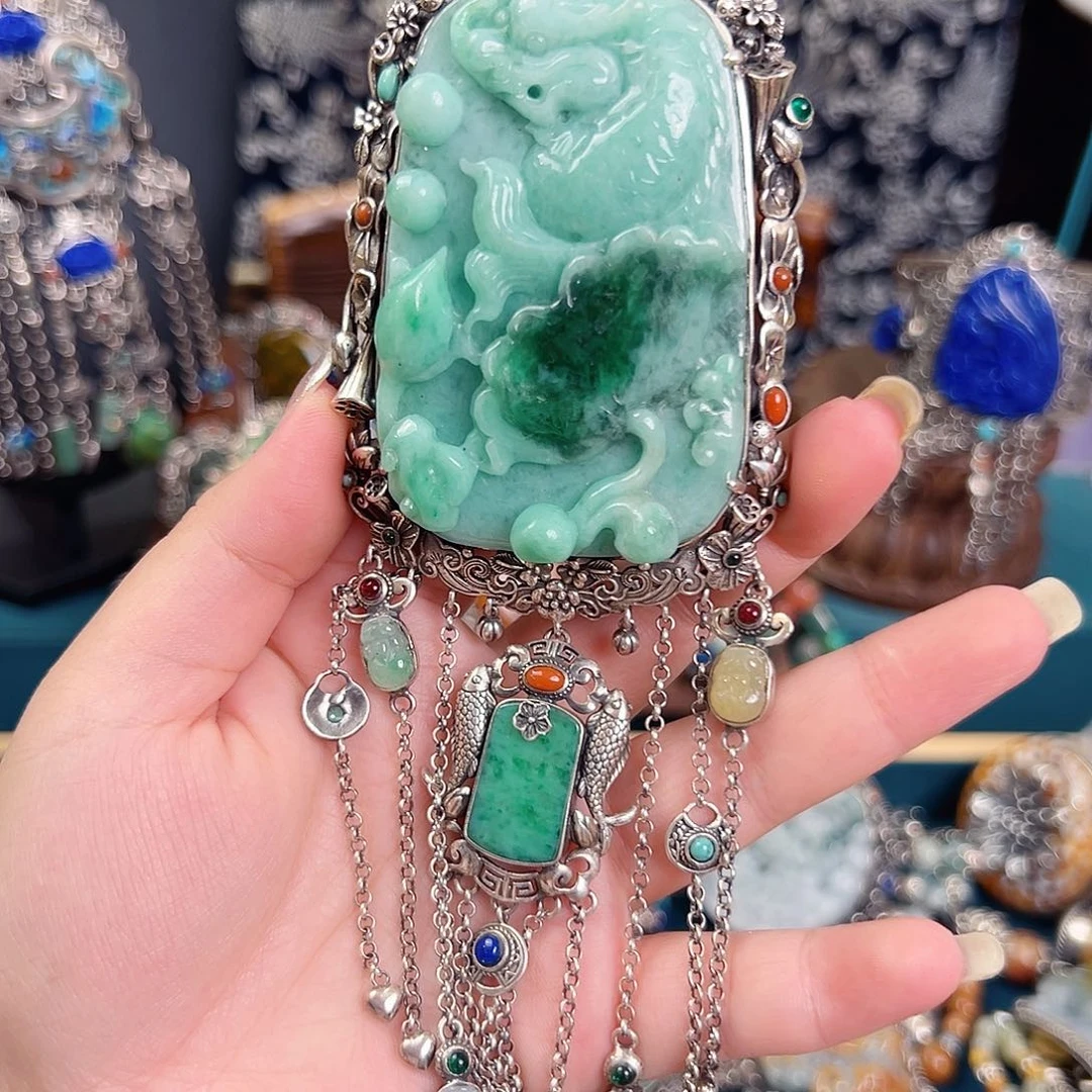 翡翠银S925镶嵌颈饰国风