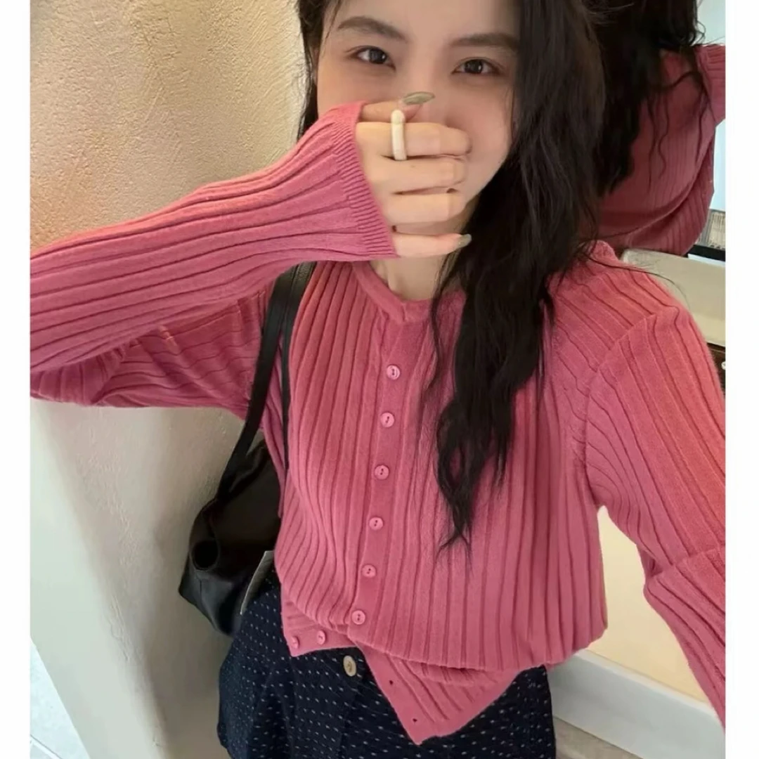 【现货】长袖针织衫春秋开衫百搭款坑条设计开衫上衣洋气显瘦时尚