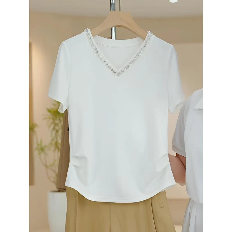 重工镶钻V领短袖t恤女夏季2025新款时尚正肩白色体恤卡腰显瘦上衣