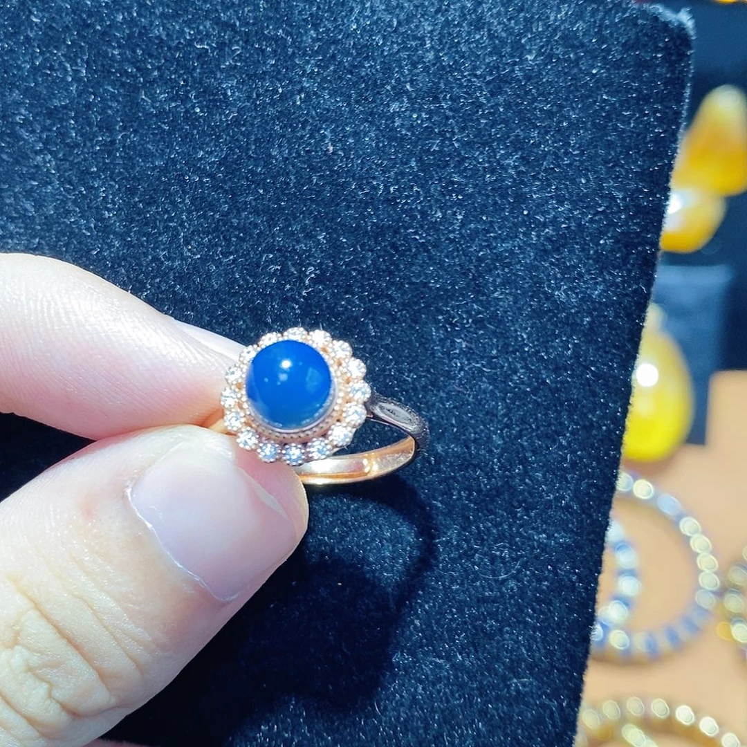 麦***葳蓝珀银S925镀金镶嵌珠宝奇石多米银戒