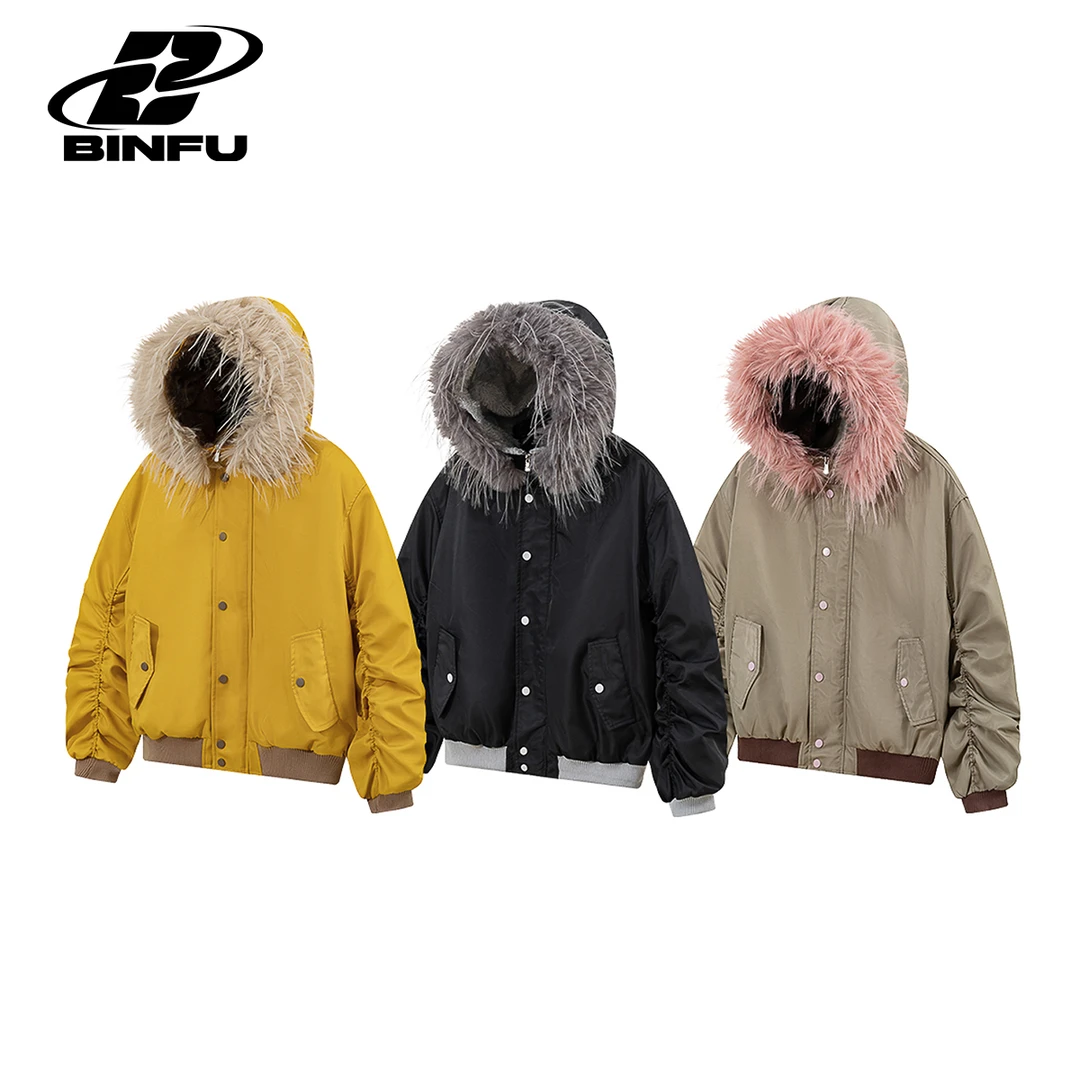 BINFU冬季新款 宽松男女同款情侣装大毛领派克服保暖连帽棉衣外套