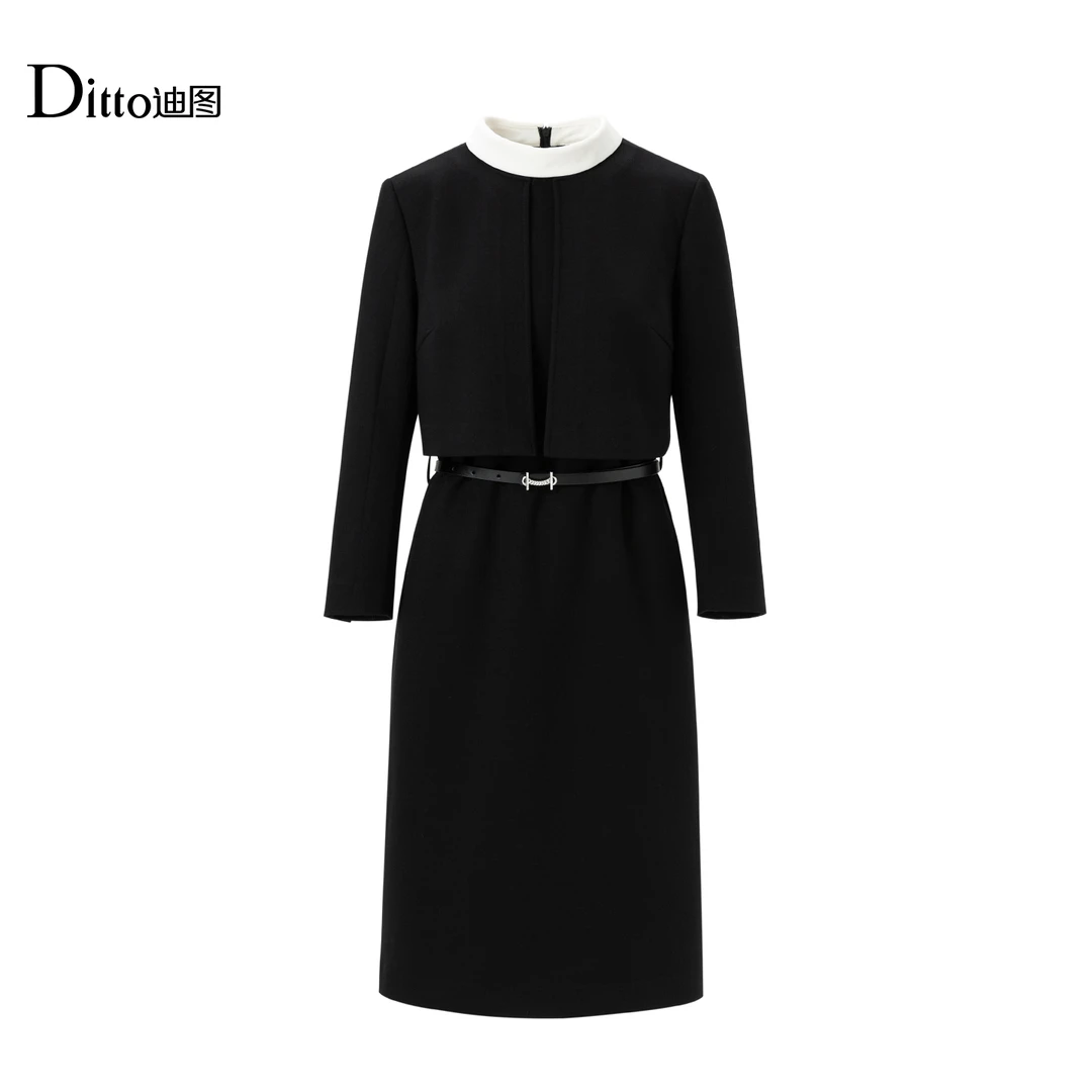 【Ditto】“暖冬墨领”显瘦连衣裙极简风秋季束腰小黑裙收腰GWDD929