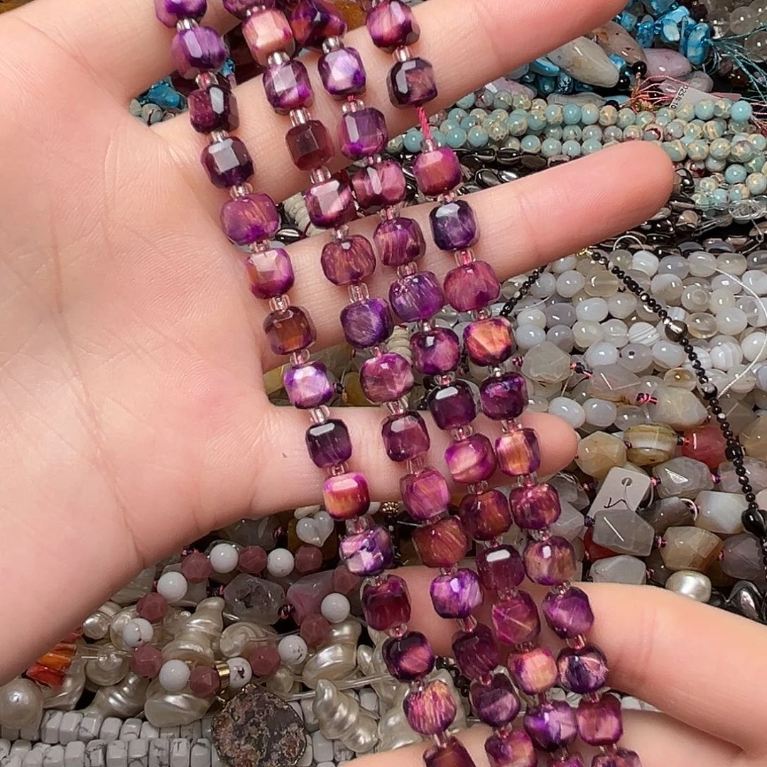 玛瑙/玉髓合金珠宝半成品V87。天然魅惑紫虎眼方糖一条