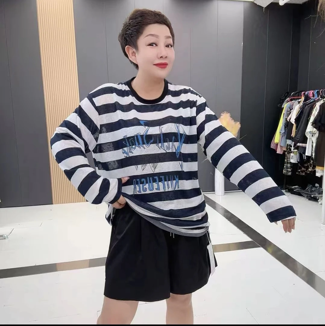 早秋新款宽松休闲大码条纹长袖衫-YlQG_124