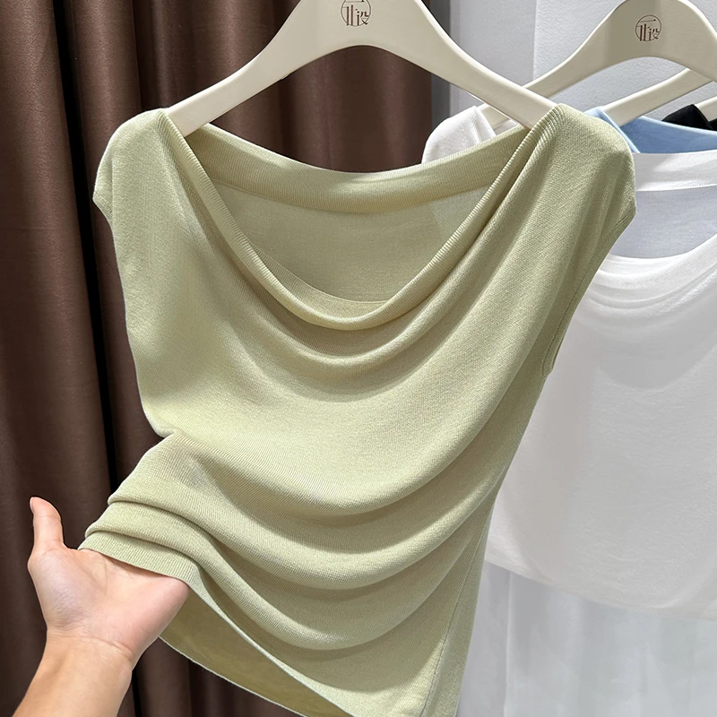 小众别致荡领飞飞袖收腰T恤2025夏季新女装内搭时髦气质短款上衣
