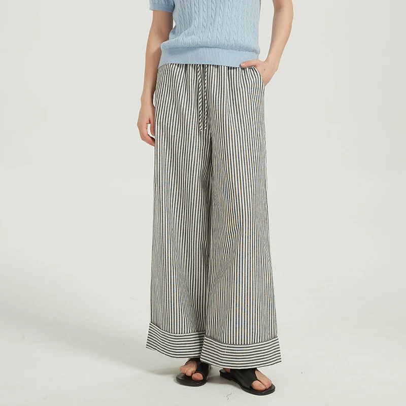 Petit Bari 慵懒随性翻边条纹阔腿裤