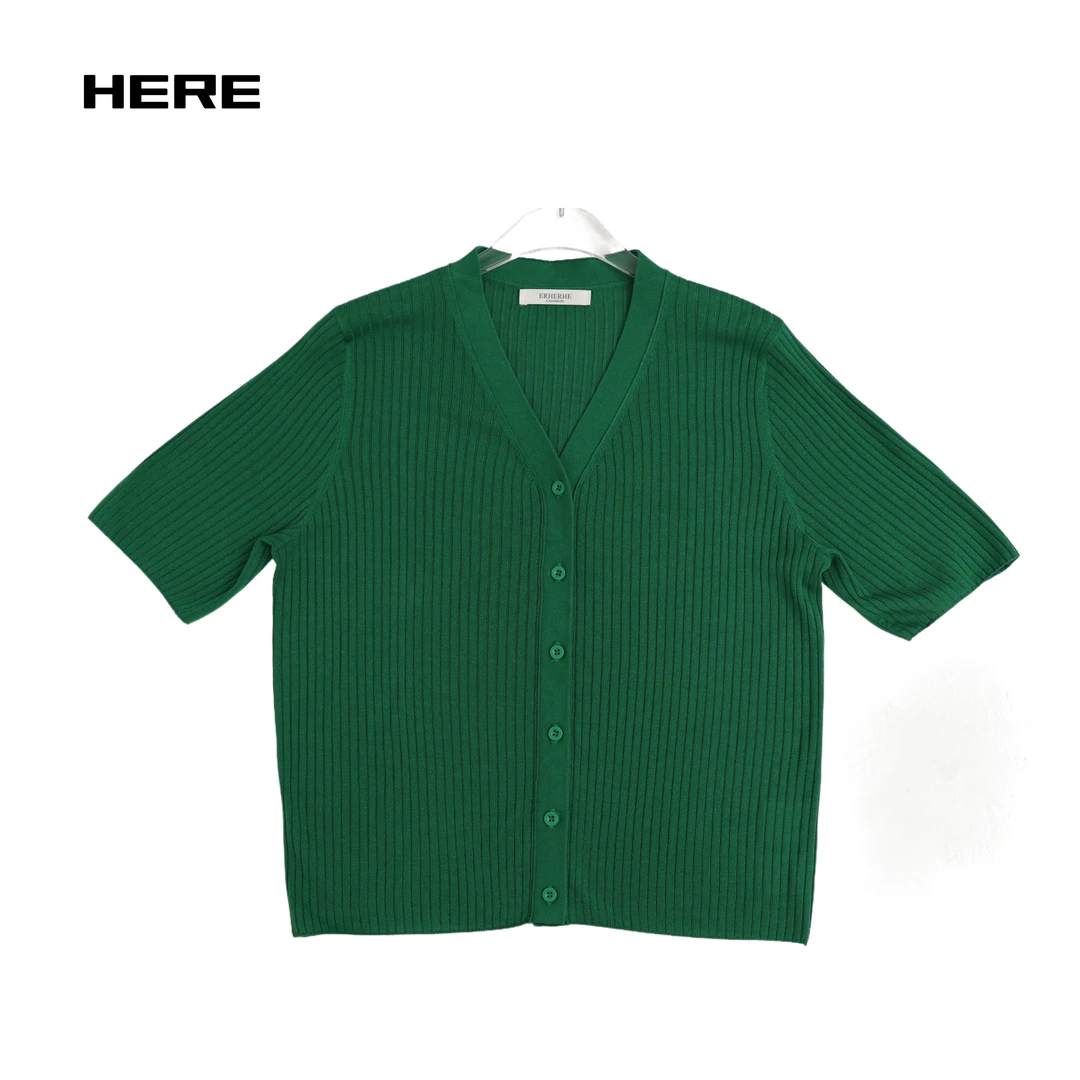 夏季v领薄款桑蚕丝冰感舒适透短袖开衫轻职风毛针织衫