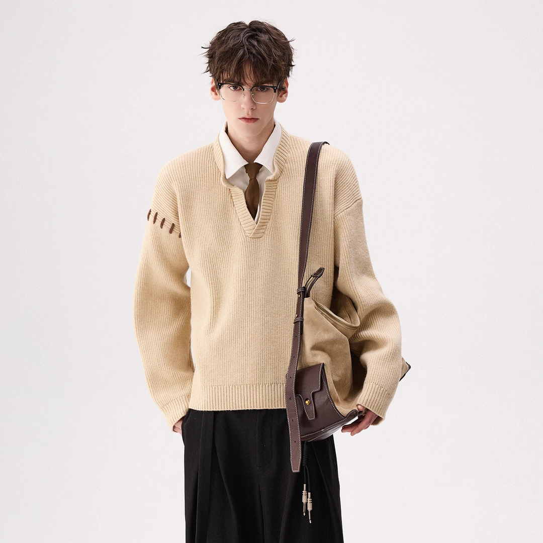 CHICERRO西西里男装假两件衬衫领线迹毛衣休闲百搭复古宽松潮流