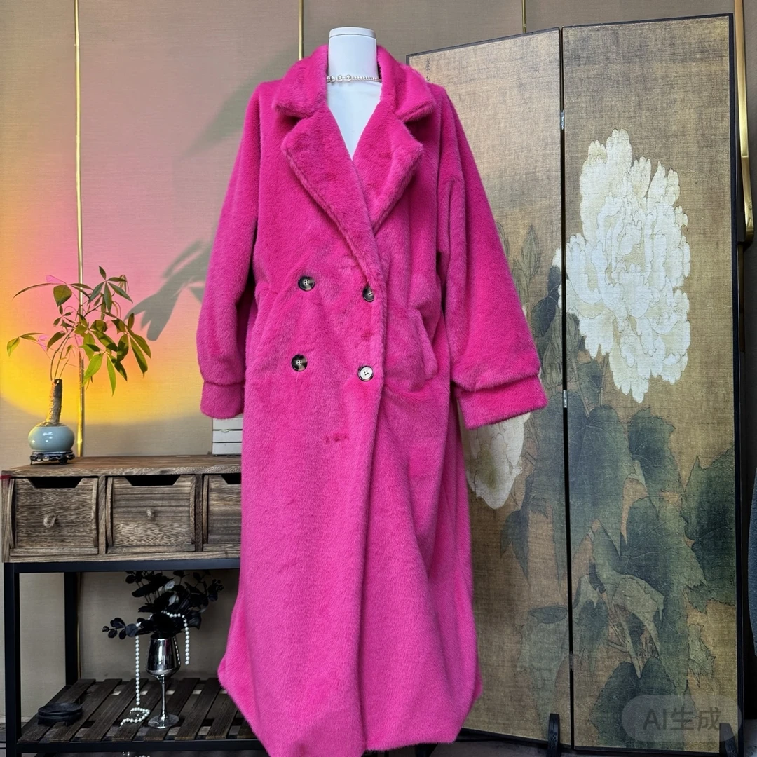 【343】玫红色毛大衣秋冬翻领气质
