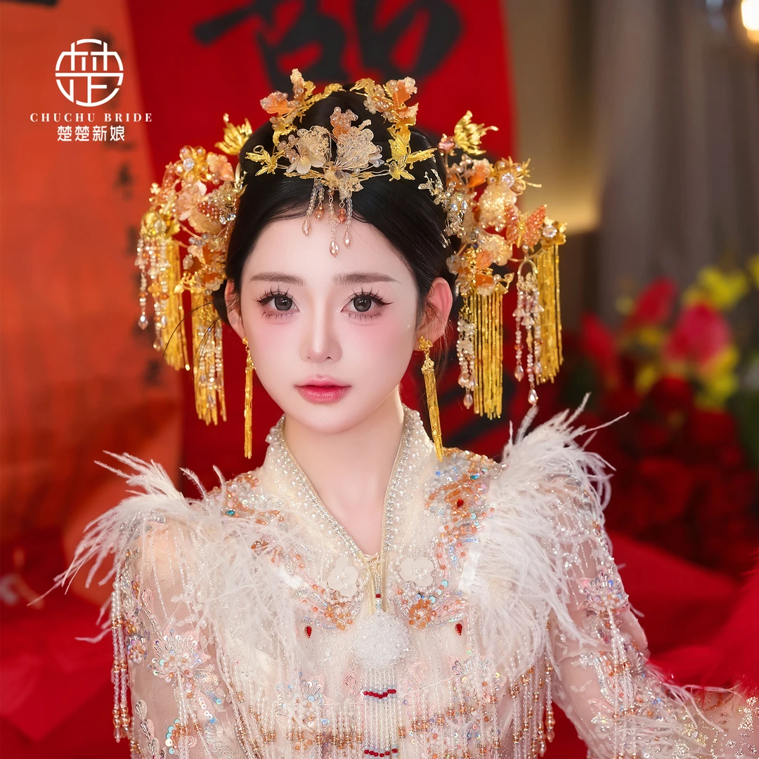 新娘秀禾头饰甜美香槟色精致手工减龄眉心坠浅色中式龙凤褂发饰