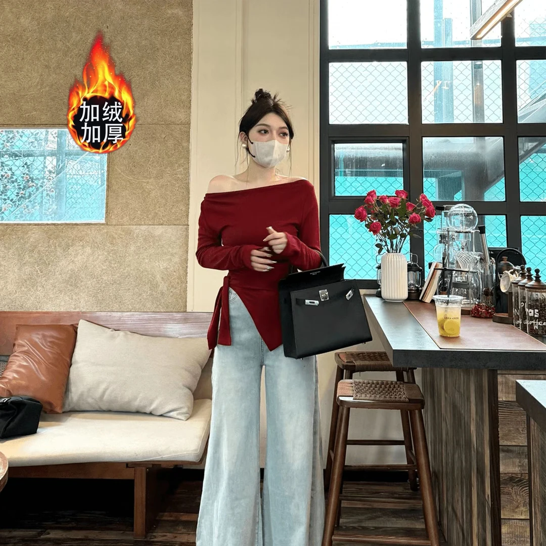 早秋长袖气质不规则侧开叉收腰修身纯色百搭显瘦微透长袖修身上衣