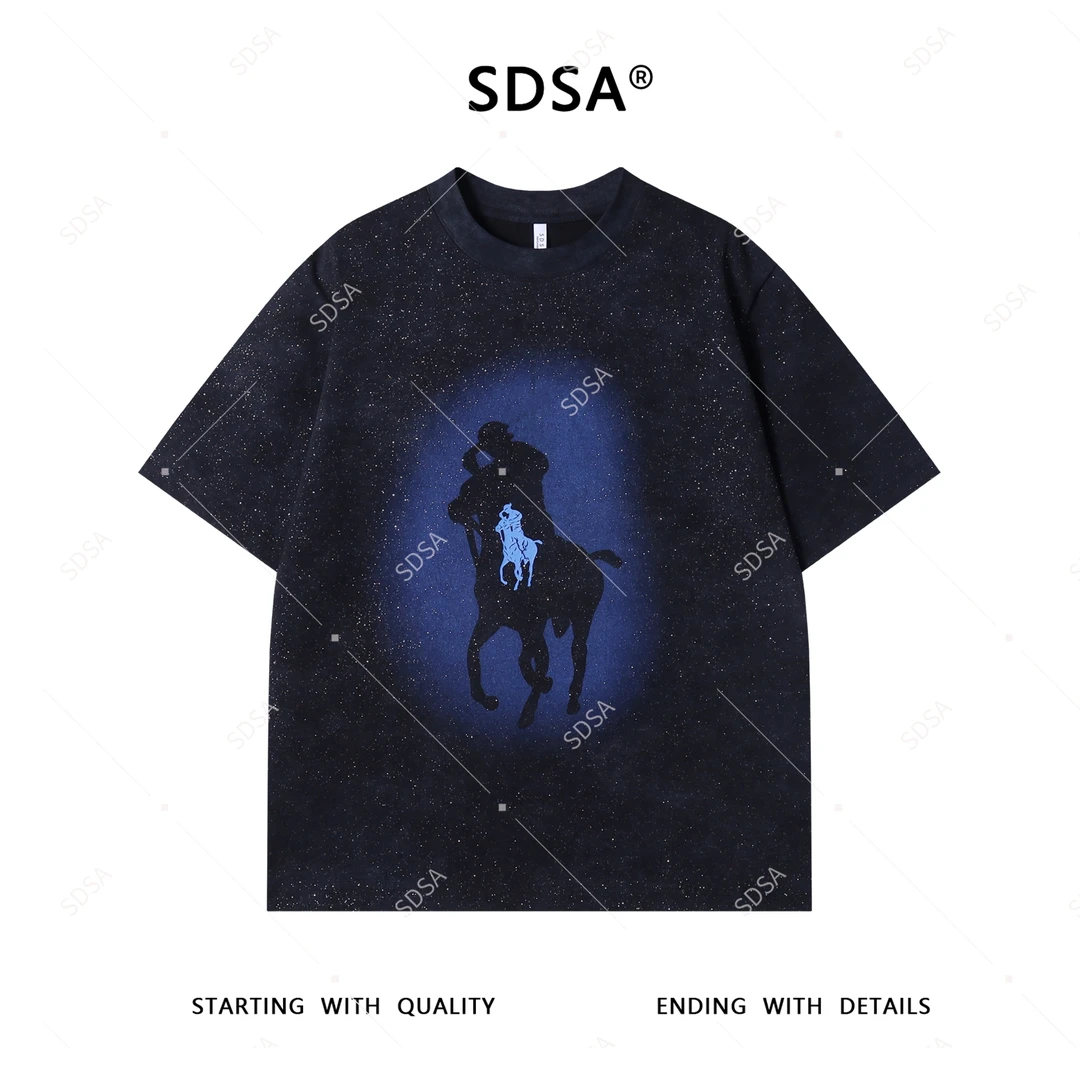 SDSA夏季新款男士痞帅潮牌满天星战马印花短袖T恤设计师圆领上衣
