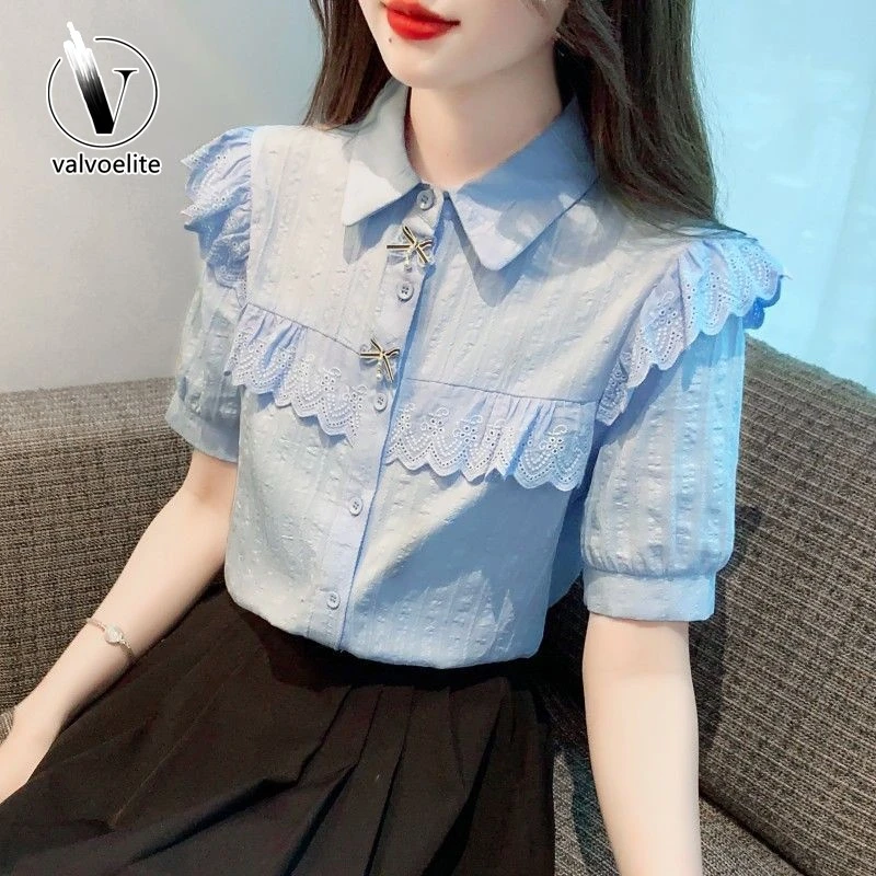 VALVOELITE夏装新款时尚女衬衣衬衫女洋气设计感重工镂空蕾丝衬衫