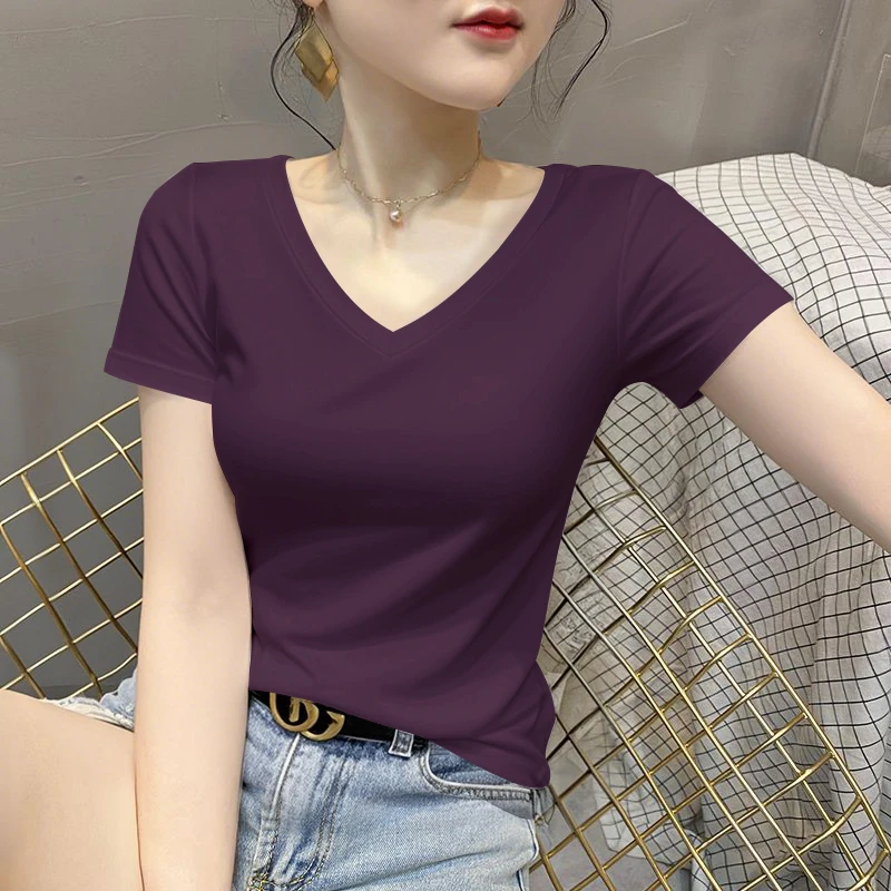 新爆款打底衫夏季大码气质短袖V领女款宽松显瘦百搭打底女士T恤潮