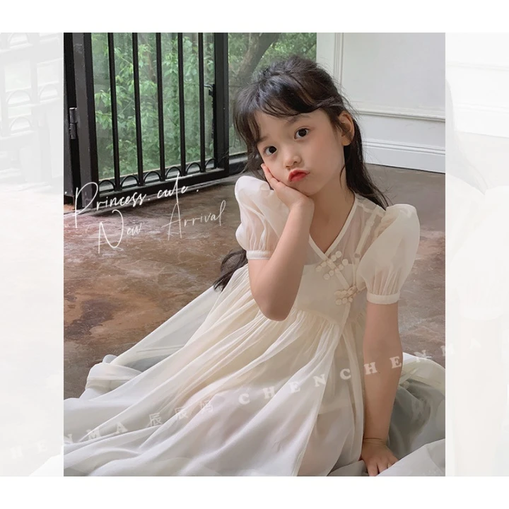 【忆江南】气质连衣裙女中大童泡泡袖裙子3992D
