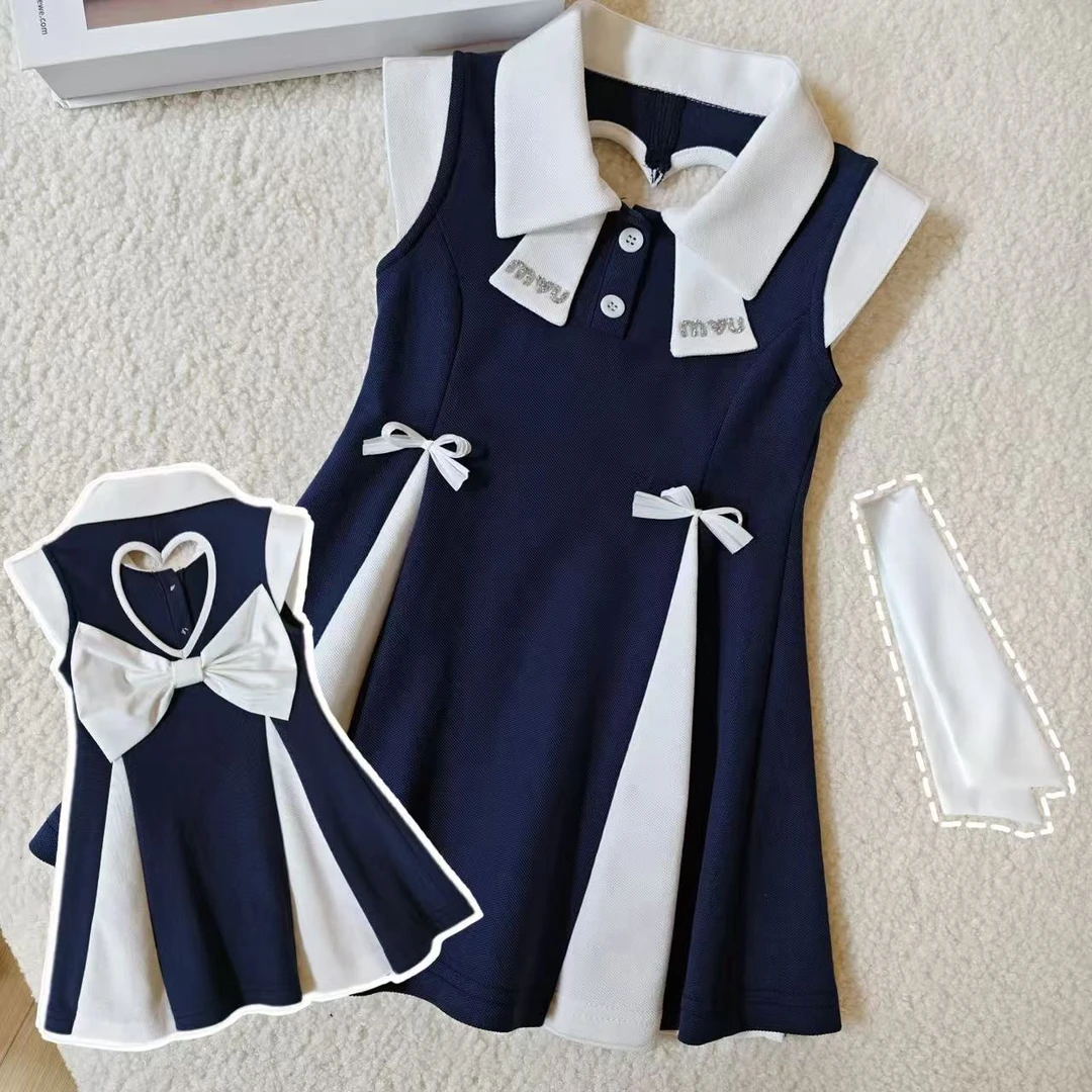 女童POLO无袖连衣裙2025新款学院风镂空背心裙蝴蝶结百褶裙学生夏