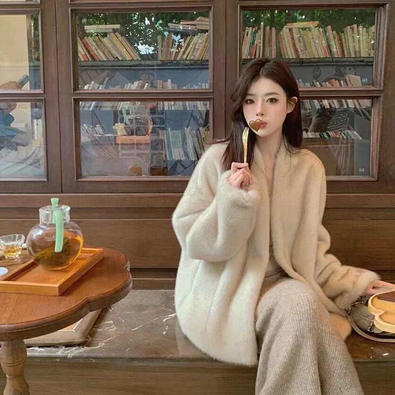 人造皮草 环保毛毛外套女士秋冬V领洋气百搭气质韩版外套中长款