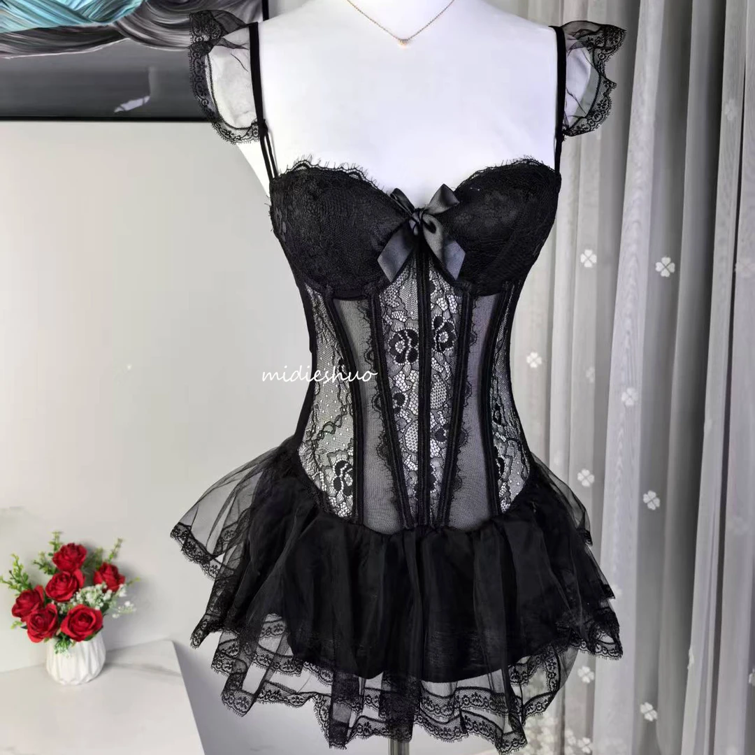 邂逅【80-130】性感显瘦蕾丝束身胸衣吊带裙女睡裙钢圈胸垫聚拢美背