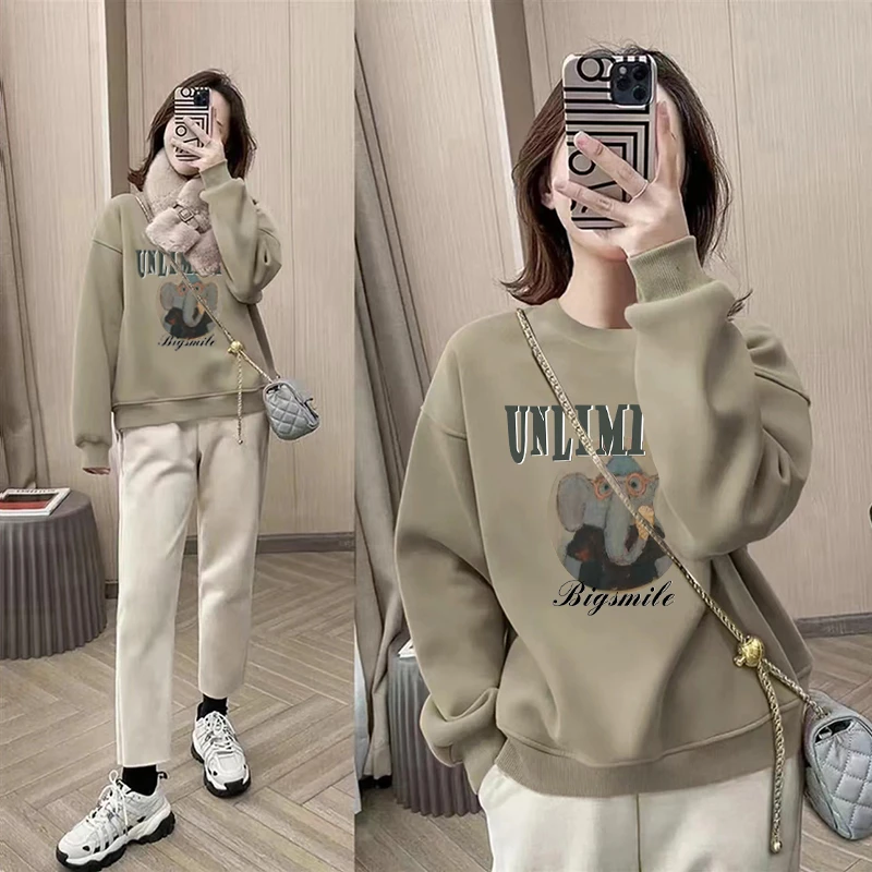 多巴胺圆领套头打底衫加绒加厚卫衣女2025春秋季新款宽松韩版外套