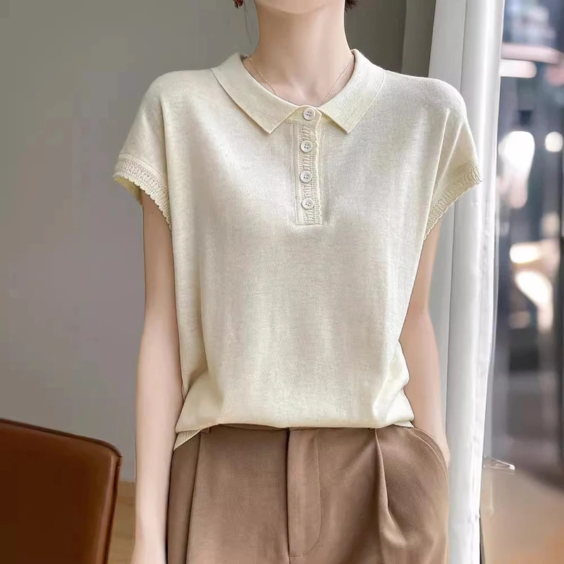 时尚品牌女装针织短袖T恤女休闲夏季新款气质百搭翻领宽松上衣女