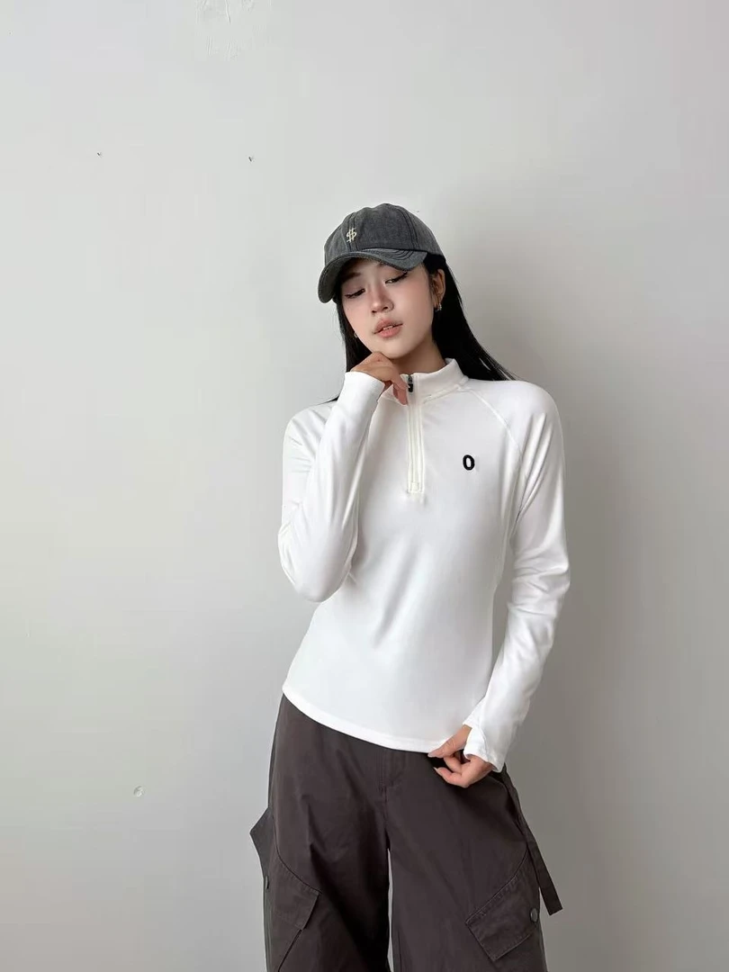 女士秋冬修身显瘦半拉链双面绒插肩袖立领打底衫