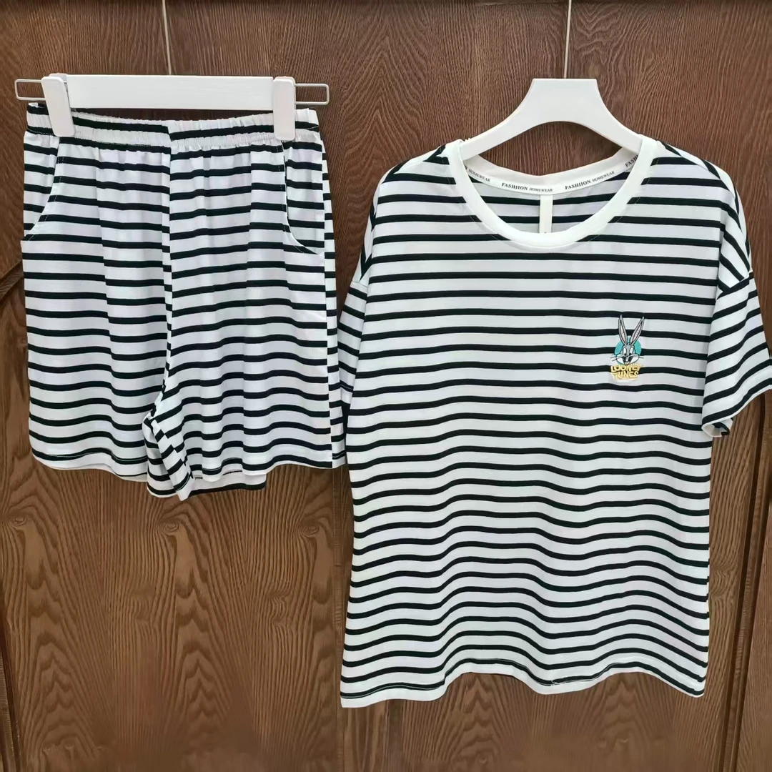 芬亿夏季爽棉睡衣居家简约条纹黑白宽松慵懒时尚减龄显气质可外穿