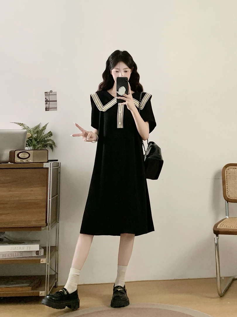 大码女装2025夏季新款法式简约时尚休闲宽松显瘦海军领连衣裙7026