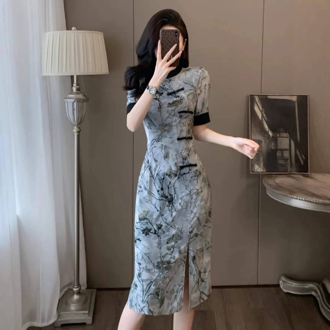 新中式国风旗袍连衣裙感晚礼服开叉中长款裙子女夏季新款