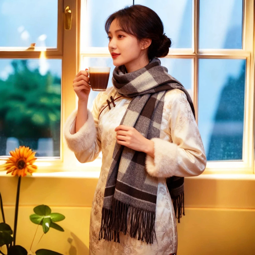 【舒希】冬季年轻款复古加厚保暖时尚旗袍百搭围巾长款开衫斗篷披肩