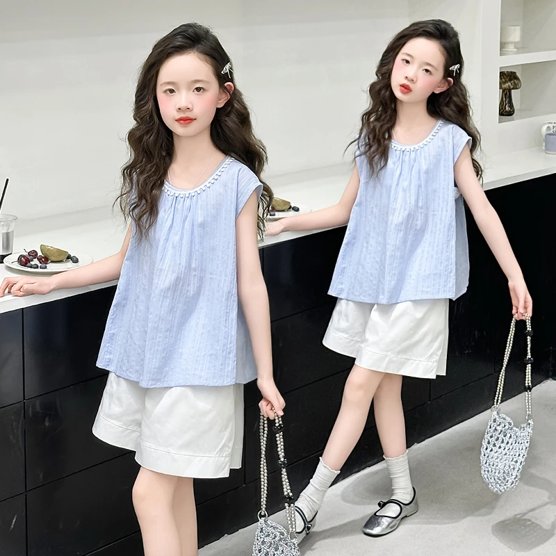 女童2025年夏季韩系无袖棉布短裤套装新款中大童洋气休闲两件套