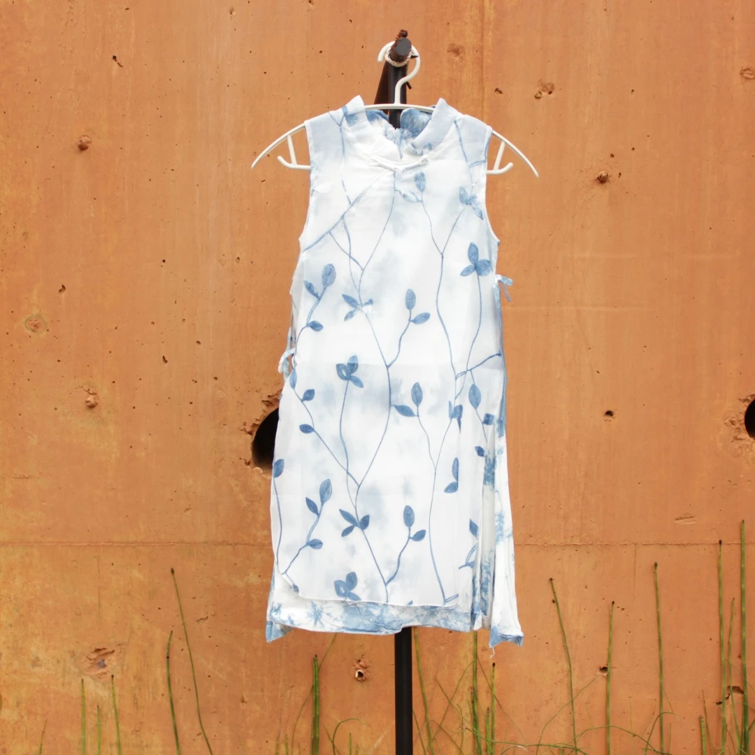 大理女童扎染连衣裙旗袍裙夏季碎花夏款中国风圆领盘扣无袖中式裙