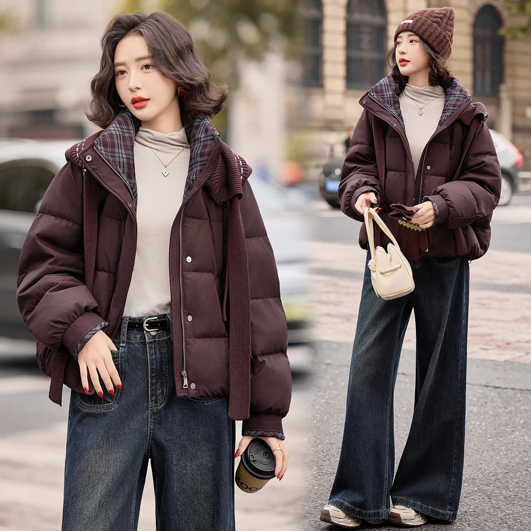 韩版针织连帽格纹拼接羽绒服女2025冬季新款设计感白鸭绒短款外套