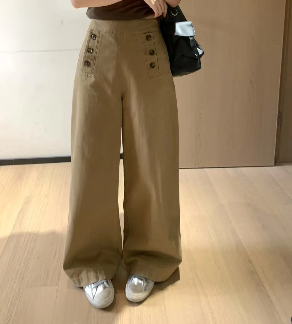 韩11通勤百搭多纽扣设计感休闲裤女复古高腰显瘦显腿长直筒长裤夏