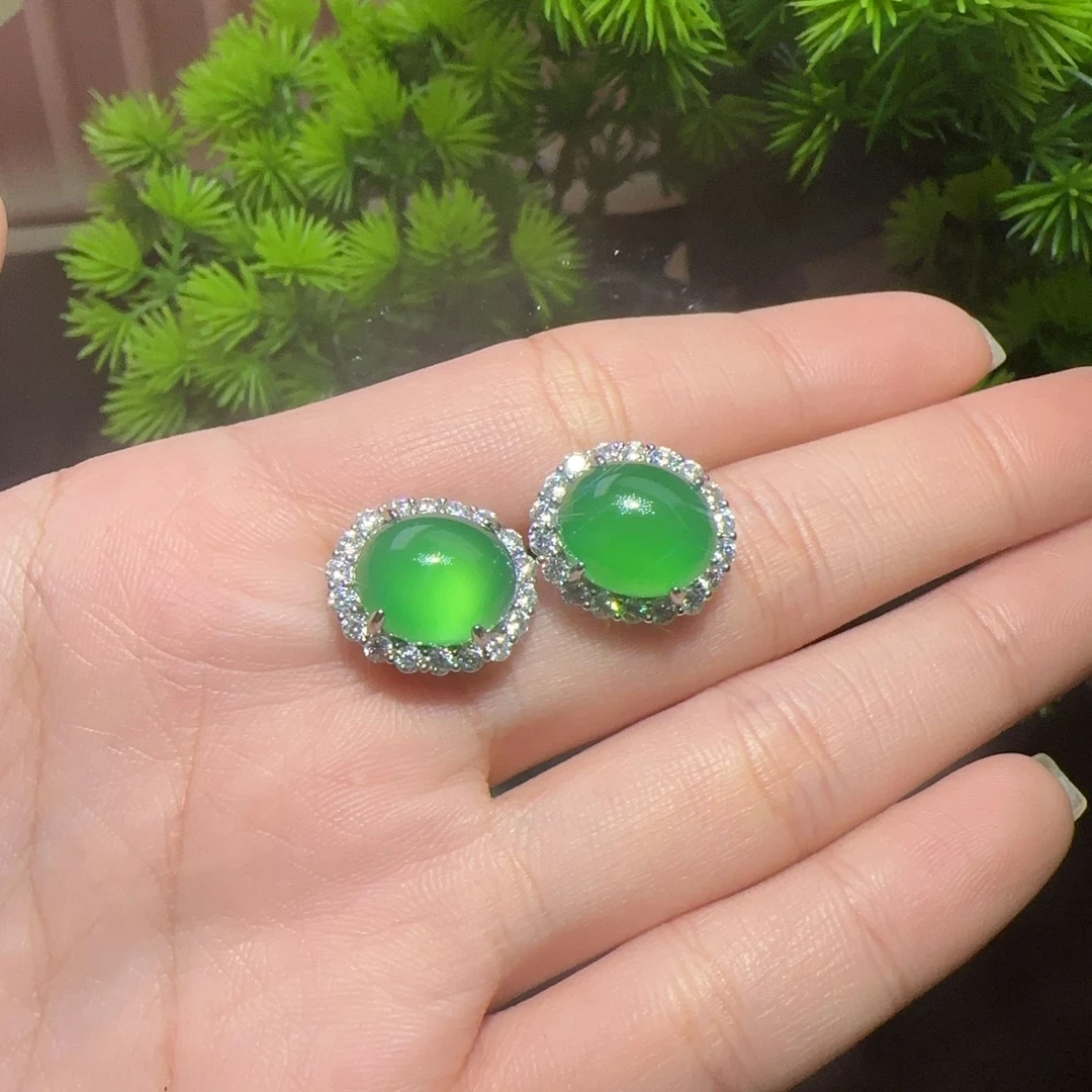 天然玉石绿耳钉耳环女