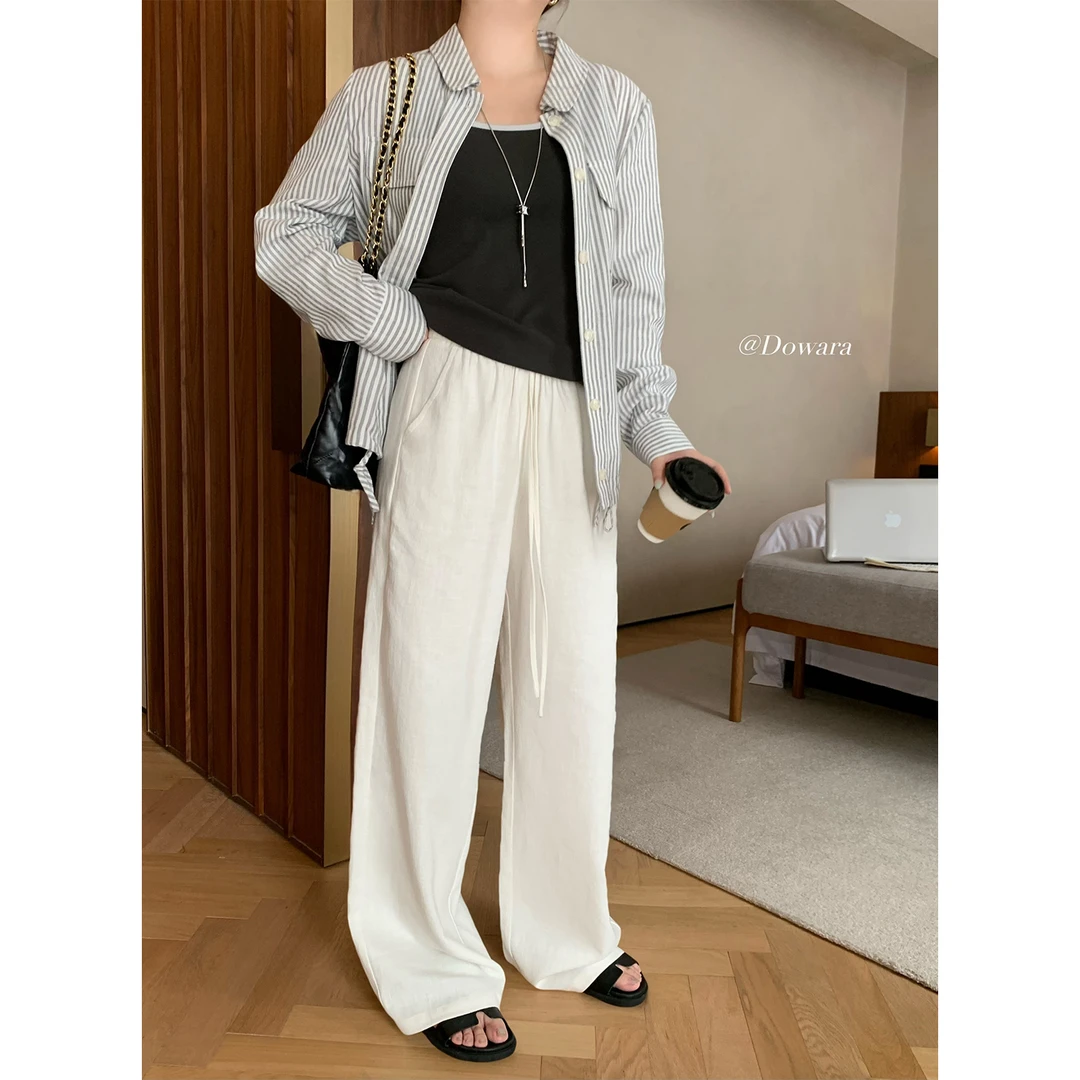 现货大婉酱微胖定制苎麻白色休闲裤女春夏松紧腰显瘦直筒裤 8061D