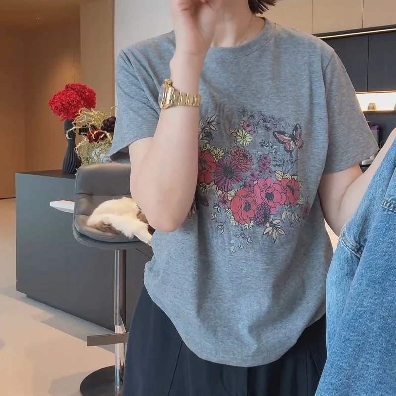 春夏韩范气质时尚洋气蝴蝶花朵印花圆领短袖T恤LK2501338-1（发）-1