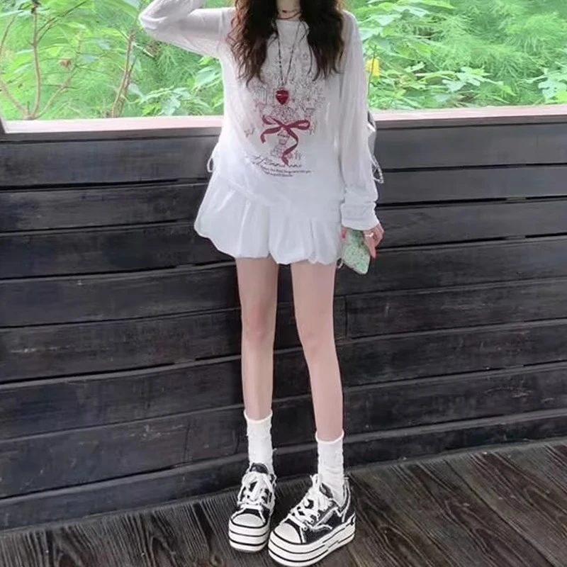 白色百搭蓬蓬花苞裙裤女夏季薄高腰宽松显瘦小个子学院风a字短裤