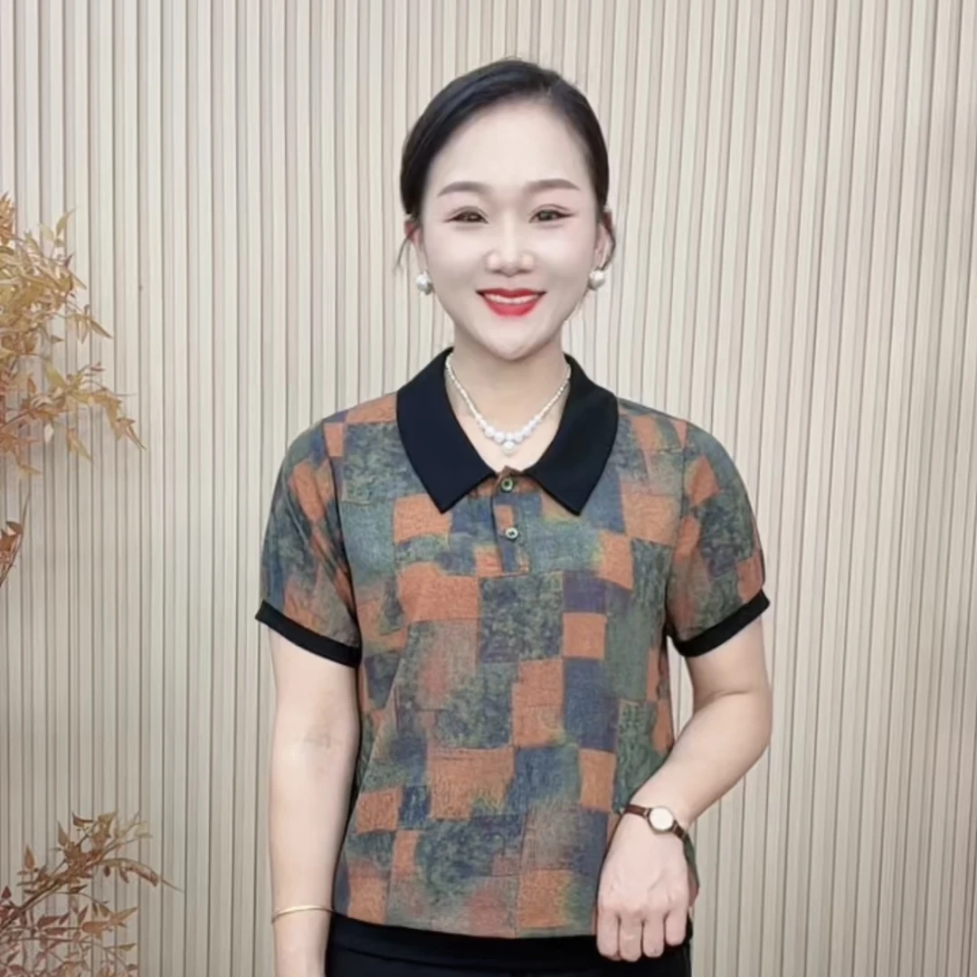 妈妈装流行翻领欧若拉时尚潮牌中老年女装套头宽松女士独特短袖