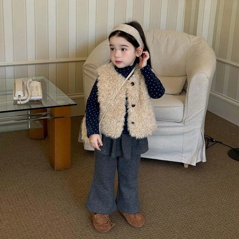 新疆西藏包邮女童童套装2025冬季加厚毛马甲波点打底衫加绒裙裤休